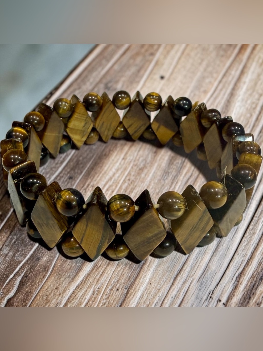 Handmade Genuine Tigers Eye Healing Stretch Bracelet Diamond Round Shaped Beads